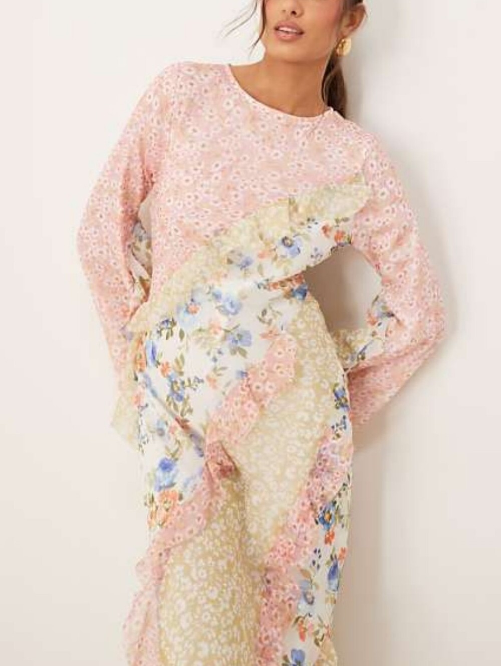 ASOS Spliced Floral Patchwork Ruffle Maxi Dress in Pink, Cream, Blue